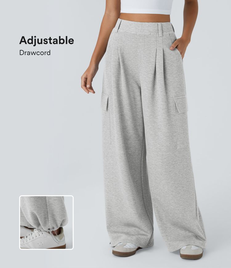 High Waisted Pockets Hem Wide Leg Casual Pants