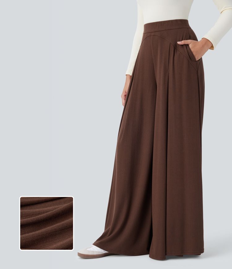 Ribbed Knit Super High Waisted Side Pocket Wide Leg Palazzo Casual Trousers