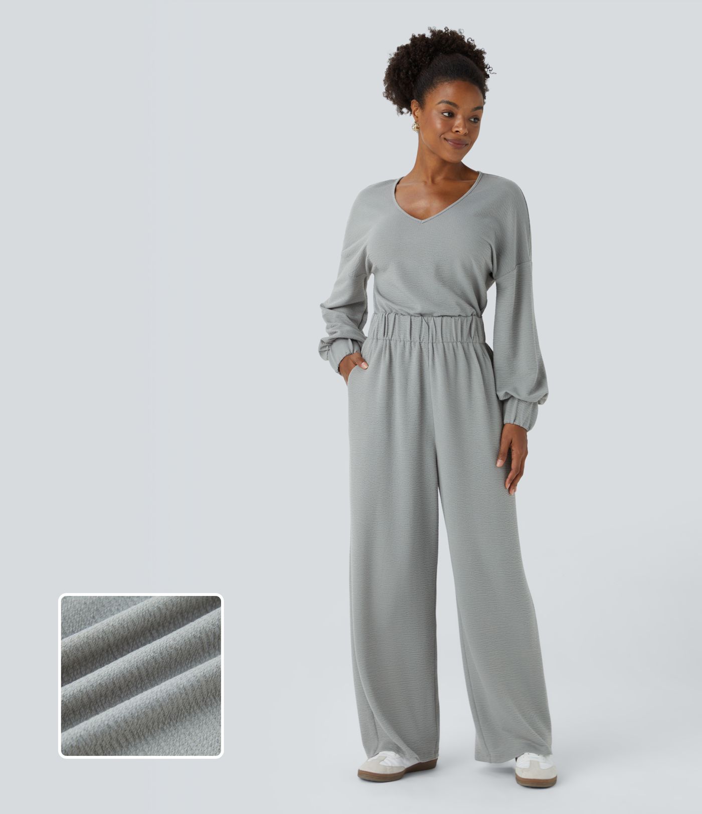 V Neck Keyhole Back Long Sleeve Pocket Wide Leg Casual Jumpsuit