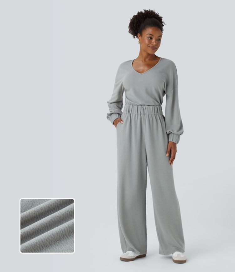 V Neck Keyhole Back Long Sleeve Pocket Wide Leg Casual Jumpsuit