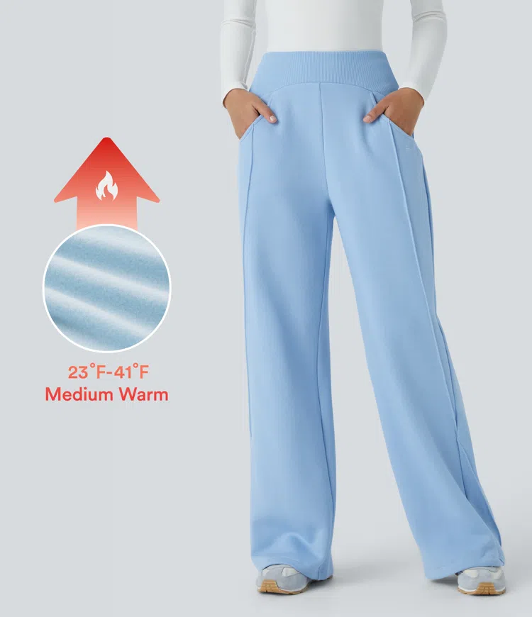 Mid Rise Ribbed Waistband Pocket Straight Leg Fleece Casual Pants