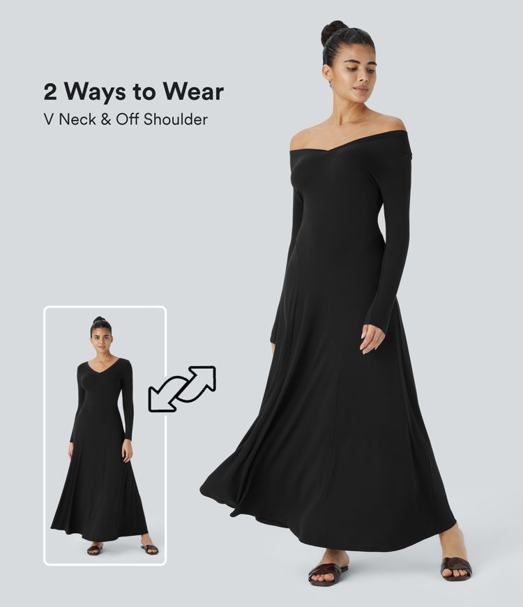 V Neck Long Sleeve Draped Maxi Casual Dress