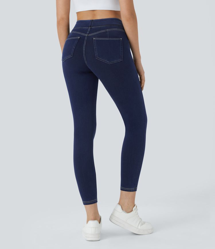 HalaraMagic™ Curvy High Waisted Decorative Button Multiple Pockets Stretchy Knit Denim Casual 7/8 Leggings