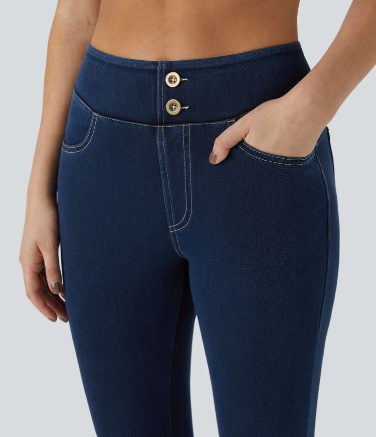 Leggings Halara Flex™ Denim mezclilla punto elástico botones decorativos tiro alto curva múltiples bolsillos 7/8