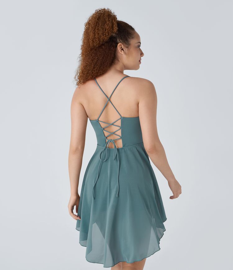 Lace Up 2-in-1 Pocket High Low Contrast Mesh Flowy Mini Dance Active Dress