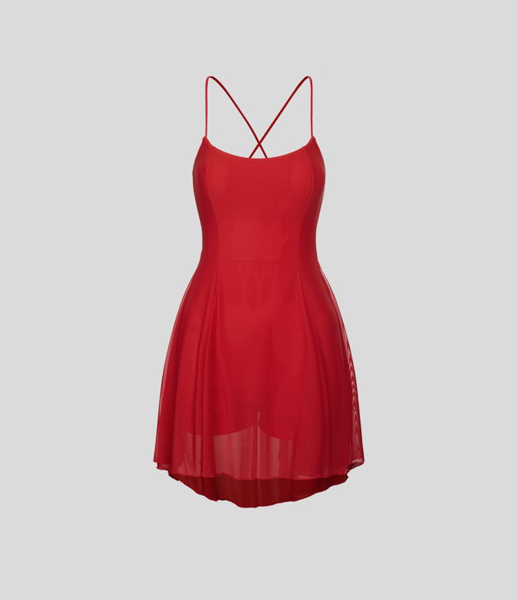 Lace Up 2-in-1 Pocket High Low Contrast Mesh Flowy Mini Dance Active Dress A-C Cups