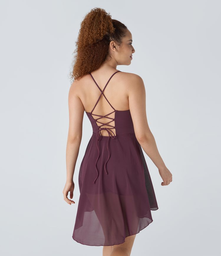 Lace Up 2-in-1 Pocket High Low Contrast Mesh Flowy Mini Dance Active Dress