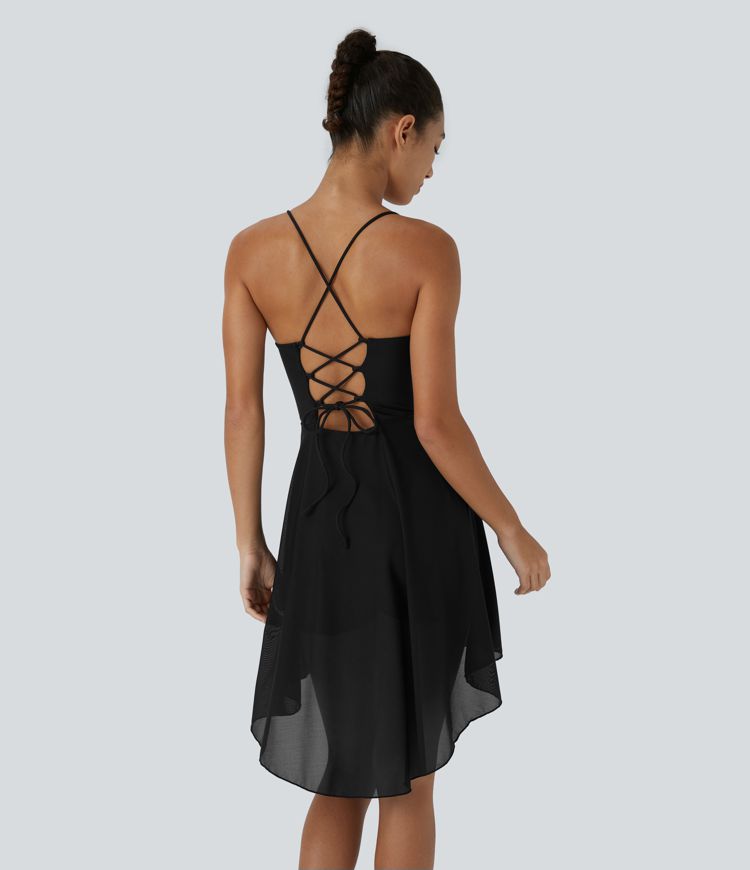 Lace Up 2-in-1 Pocket High Low Contrast Mesh Flowy Mini Dance Active Dress A-C Cups