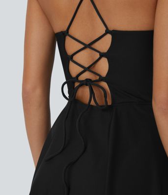 Lace Up 2-in-1 Pocket High Low Contrast Mesh Flowy Low Support Mini Dance Active Dress A-C Cups