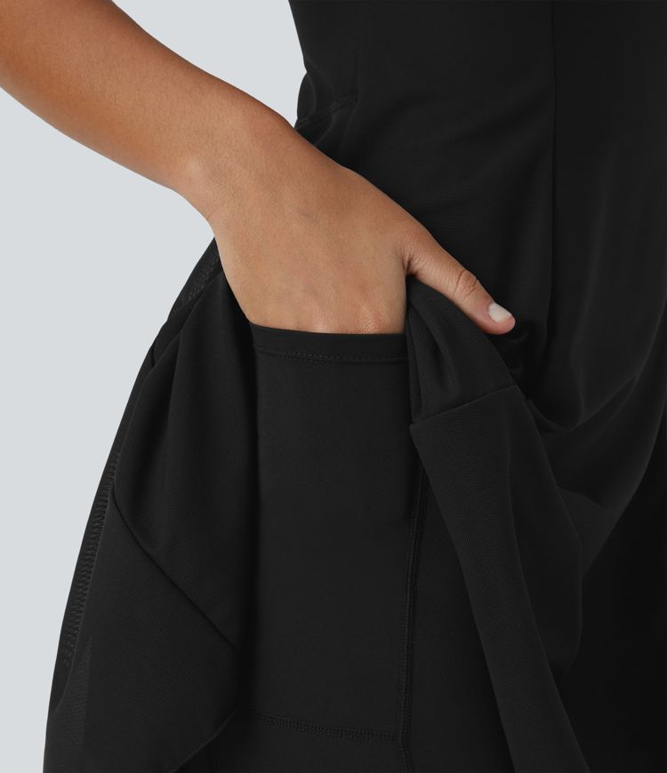 Lace Up 2-in-1 Pocket High Low Contrast Mesh Flowy Low Support Mini Dance Active Dress A-C Cups