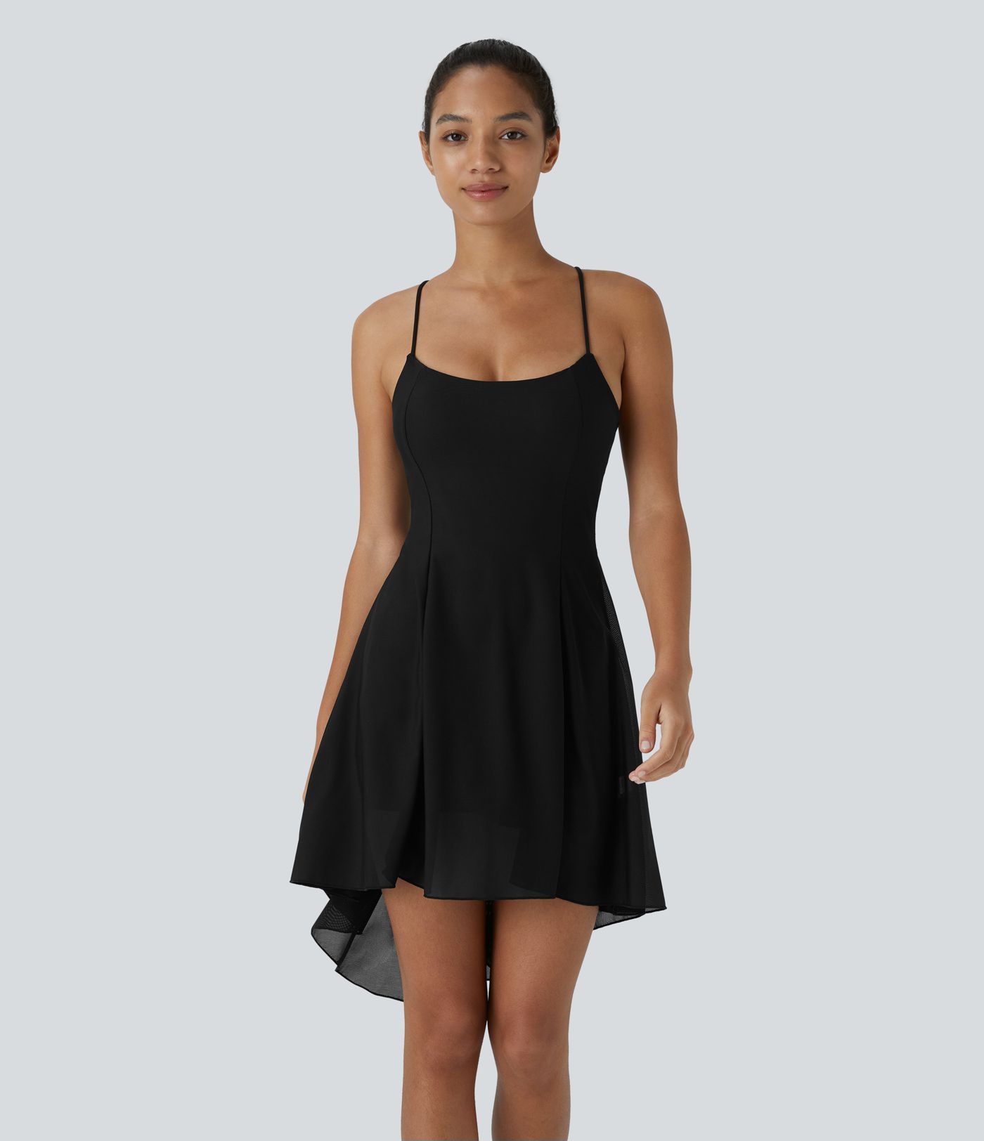 Lace Up 2-in-1 Pocket High Low Contrast Mesh Flowy Low Support Mini Dance Active Dress A-C Cups