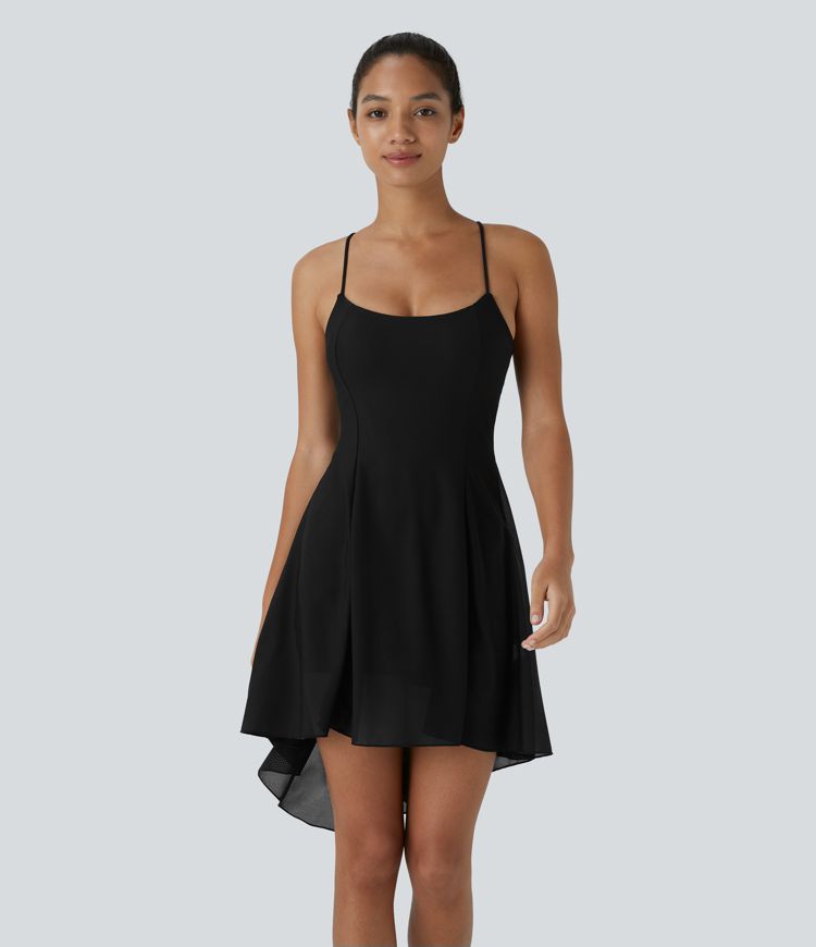 Lace Up 2-in-1 Pocket High Low Contrast Mesh Flowy Low Support Mini Dance Active Dress A-C Cups