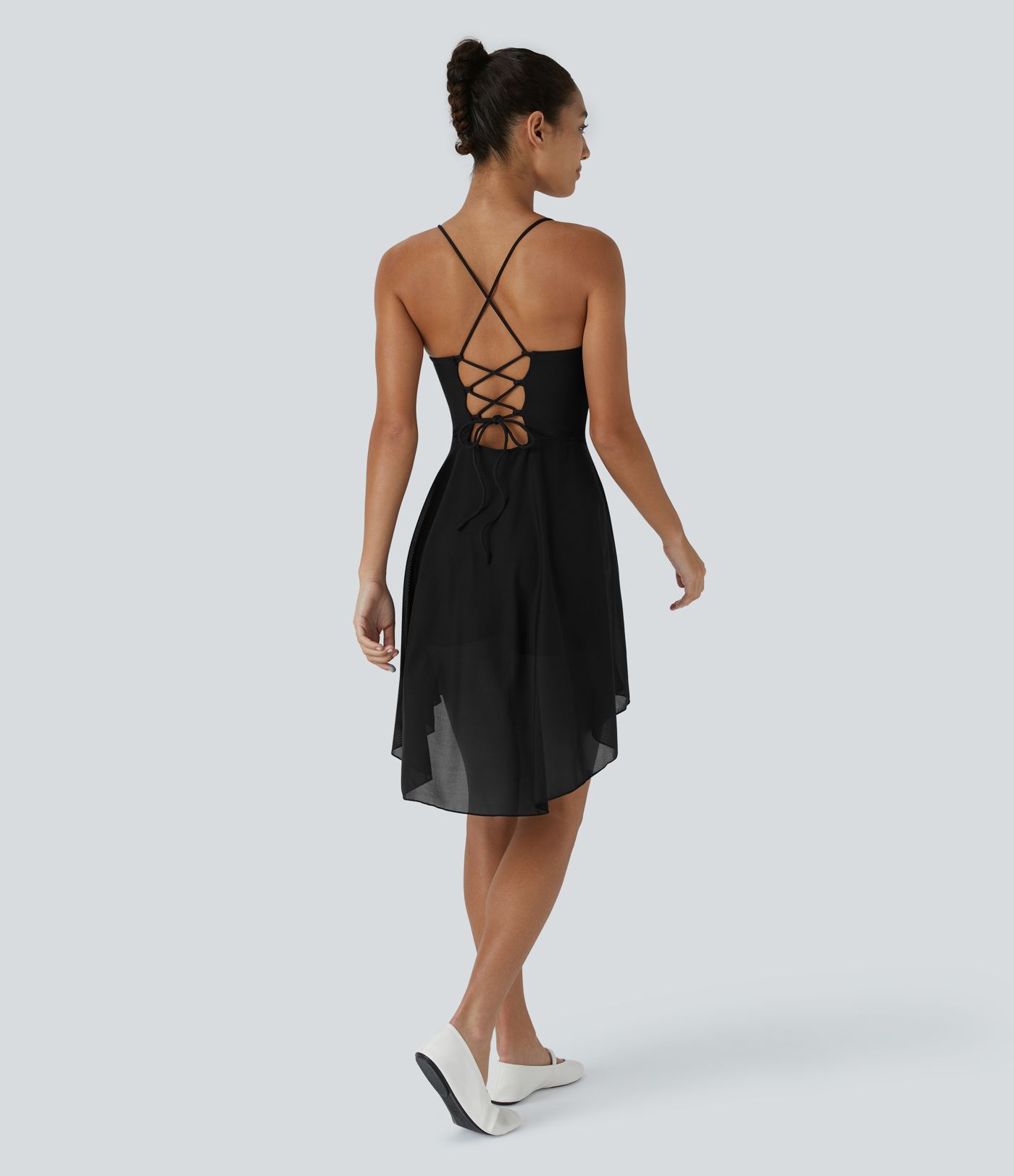 Lace Up 2-in-1 Pocket High Low Contrast Mesh Flowy Low Support Mini Dance Active Dress A-C Cups