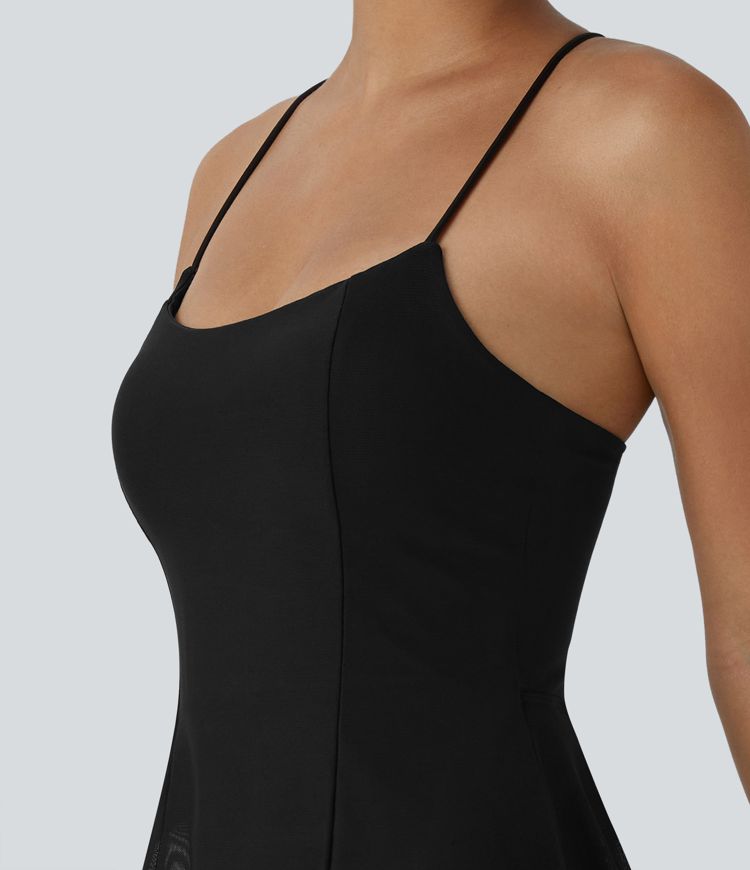 Lace Up 2-in-1 Pocket High Low Contrast Mesh Flowy Low Support Mini Dance Active Dress A-C Cups