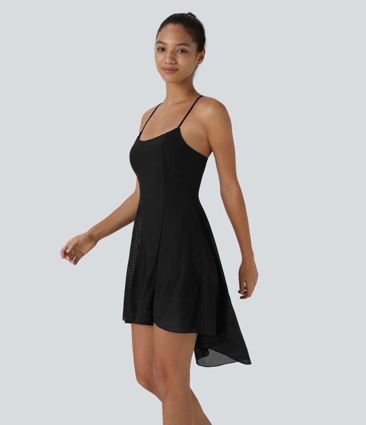 Lace Up 2-in-1 Pocket High Low Contrast Mesh Flowy Low Support Mini Dance Active Dress A-C Cups