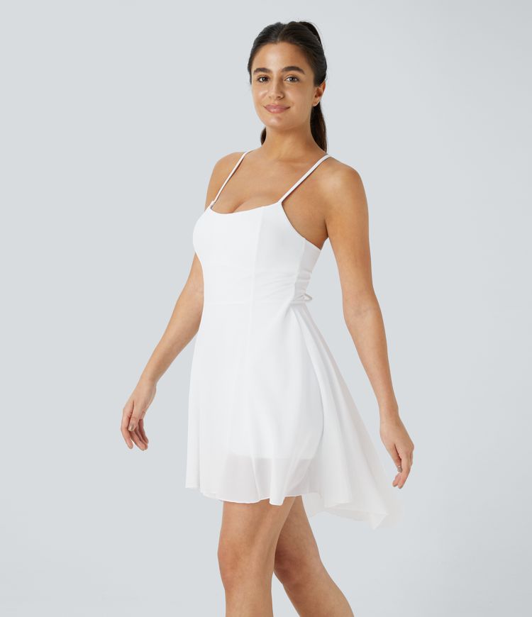 Backless Lace Up 2-in-1 Pocket High Low Contrast Mesh Flowy Mini Dance Active Dress