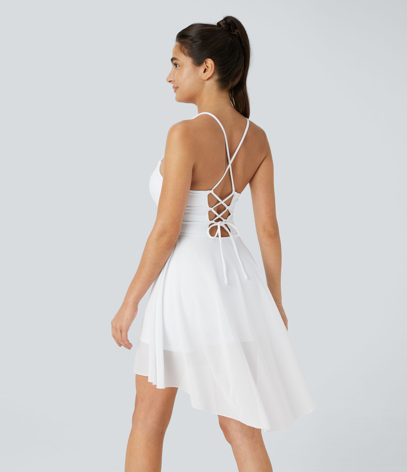 Backless lace-up 2-in-1 pocket high-low contrast mesh flowy mini dance active dress