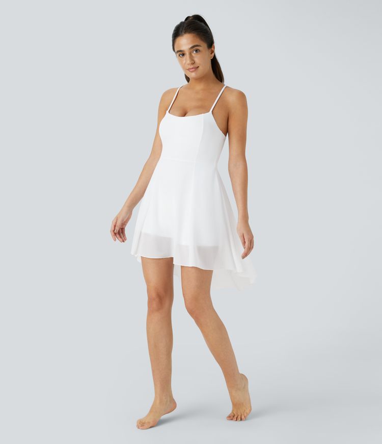 Backless lace-up 2-in-1 pocket high-low contrast mesh flowy mini dance active dress