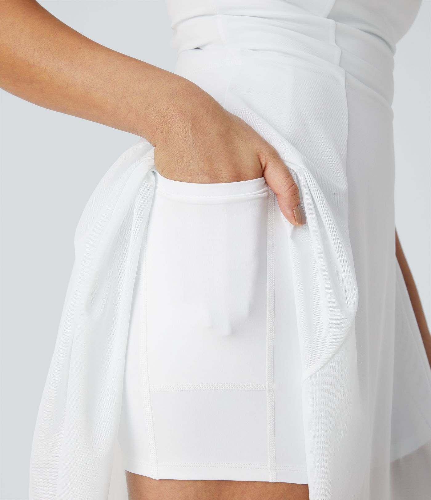 Backless lace-up 2-in-1 pocket high-low contrast mesh flowy mini dance active dress