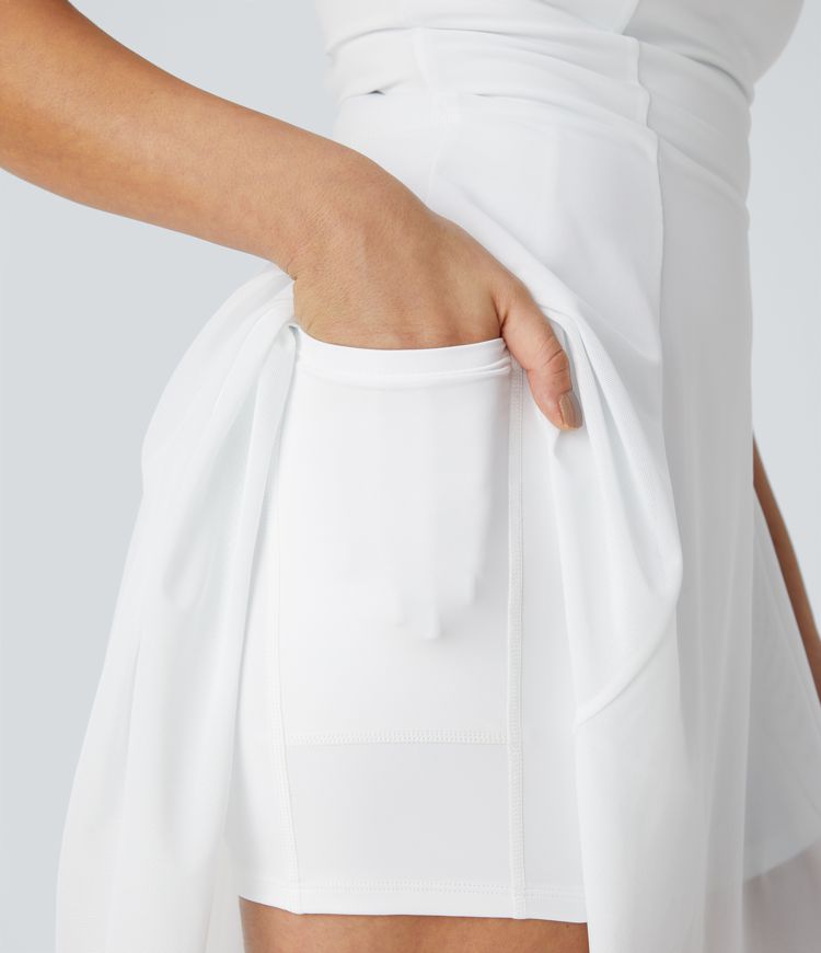 Backless lace-up 2-in-1 pocket high-low contrast mesh flowy mini dance active dress