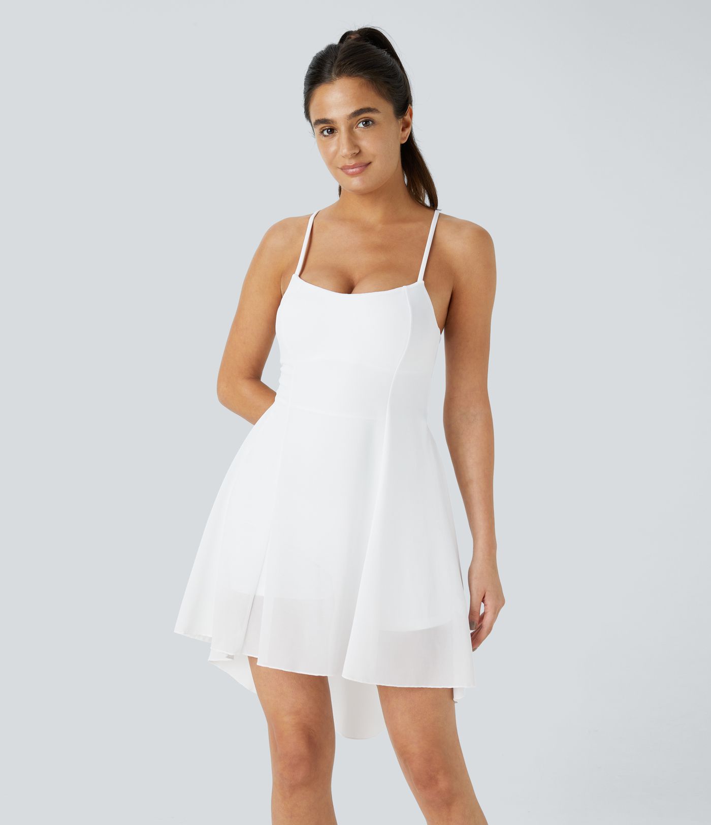 Backless lace-up 2-in-1 pocket high-low contrast mesh flowy mini dance active dress