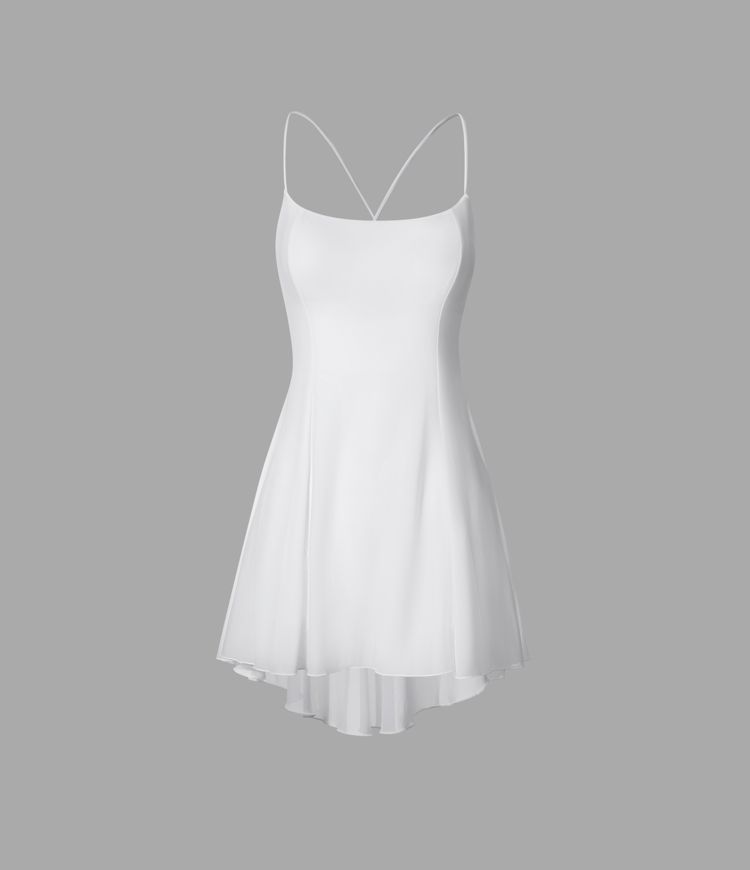 Backless lace-up 2-in-1 pocket high-low contrast mesh flowy mini dance active dress