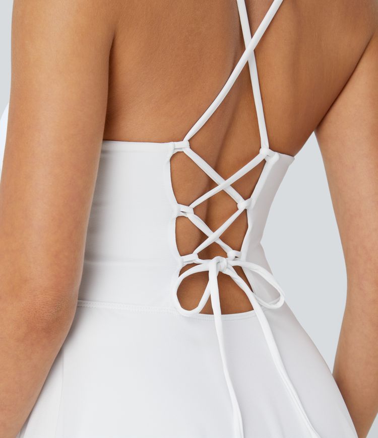 Backless lace-up 2-in-1 pocket high-low contrast mesh flowy mini dance active dress