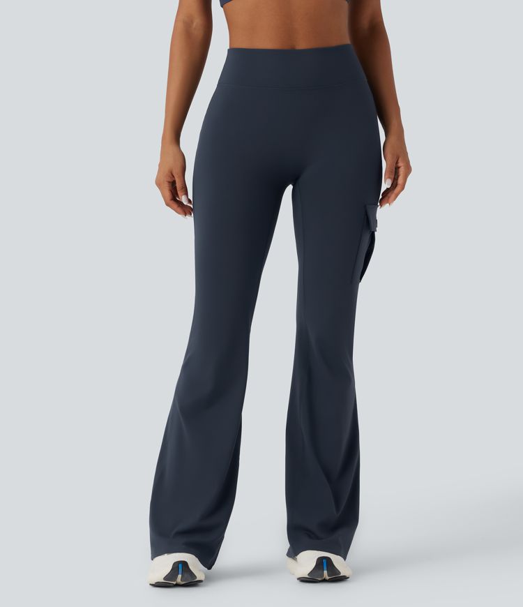 SoCinched High Waisted Tummy Control Ruched Workout Flare Pants with Pockets