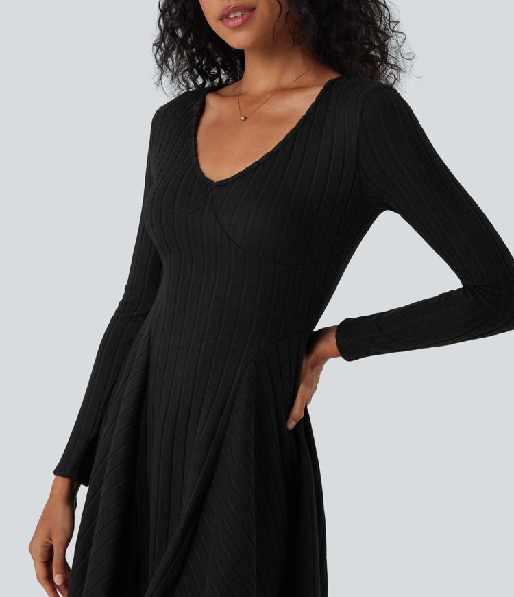 Ribbed Knit V Neck Long Sleeve Flare Mini Casual Dress
