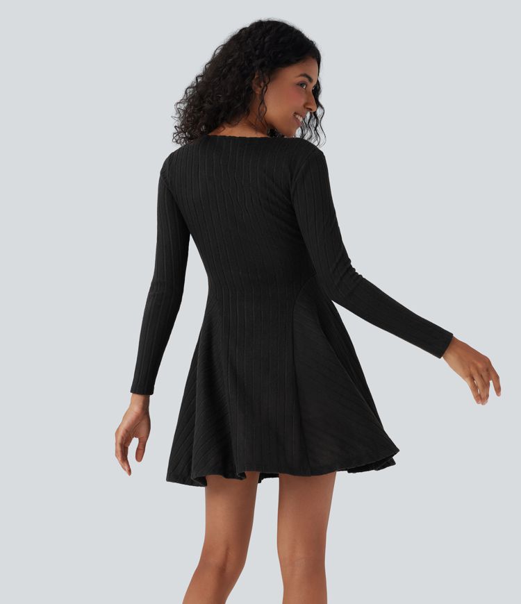 Ribbed Knit V Neck Long Sleeve Flare Mini Casual Dress