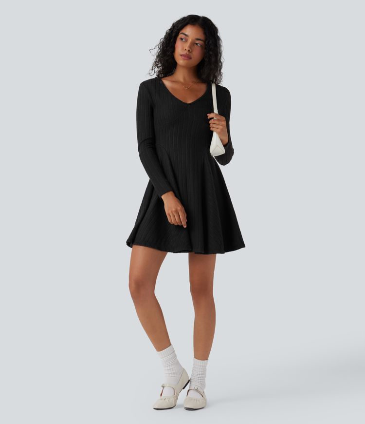 Ribbed Knit V Neck Long Sleeve Flare Mini Casual Dress