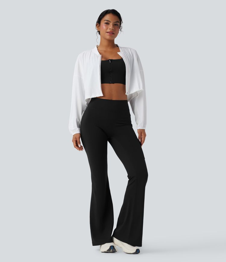 DayStretch High Waisted Tummy Control Ruched Workout Flare Pants with Pockets