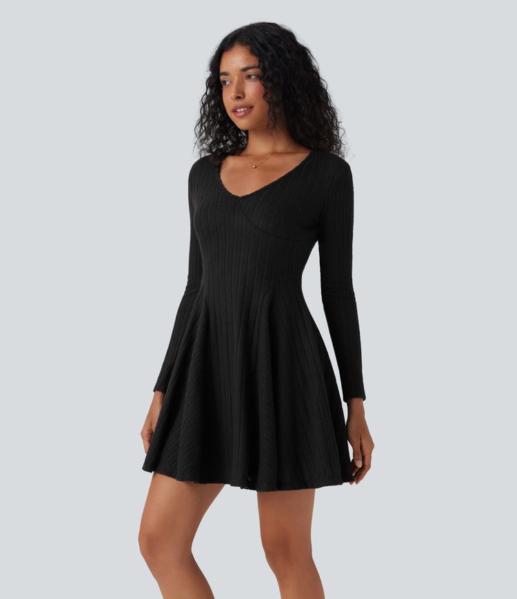 Ribbed Knit V Neck Long Sleeve Flare Mini Casual Dress