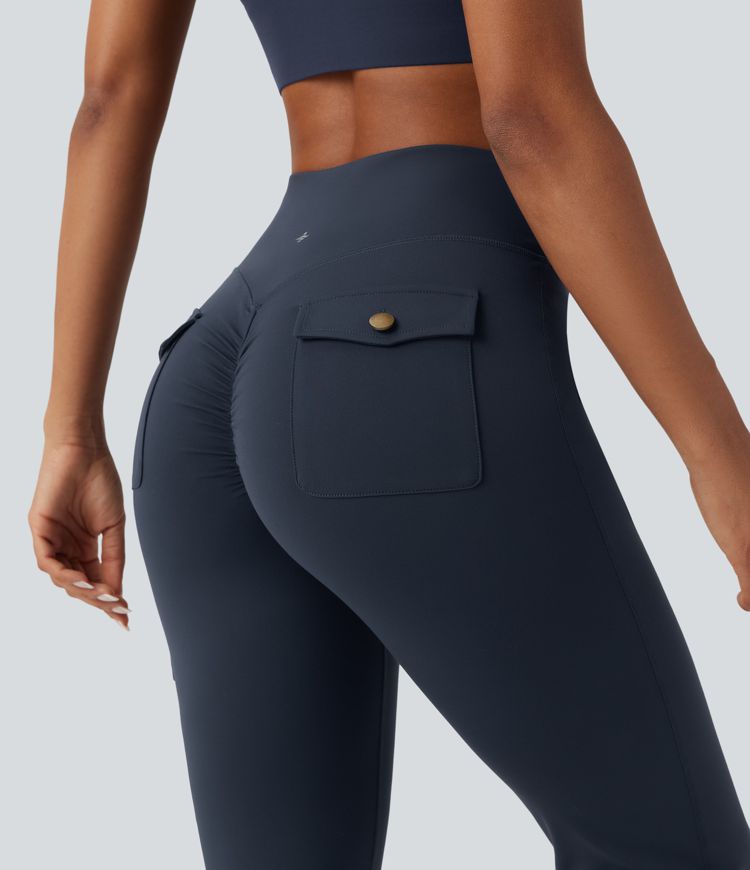 High Waisted Tummy Control Ruched Workout Flare Pants with Pockets