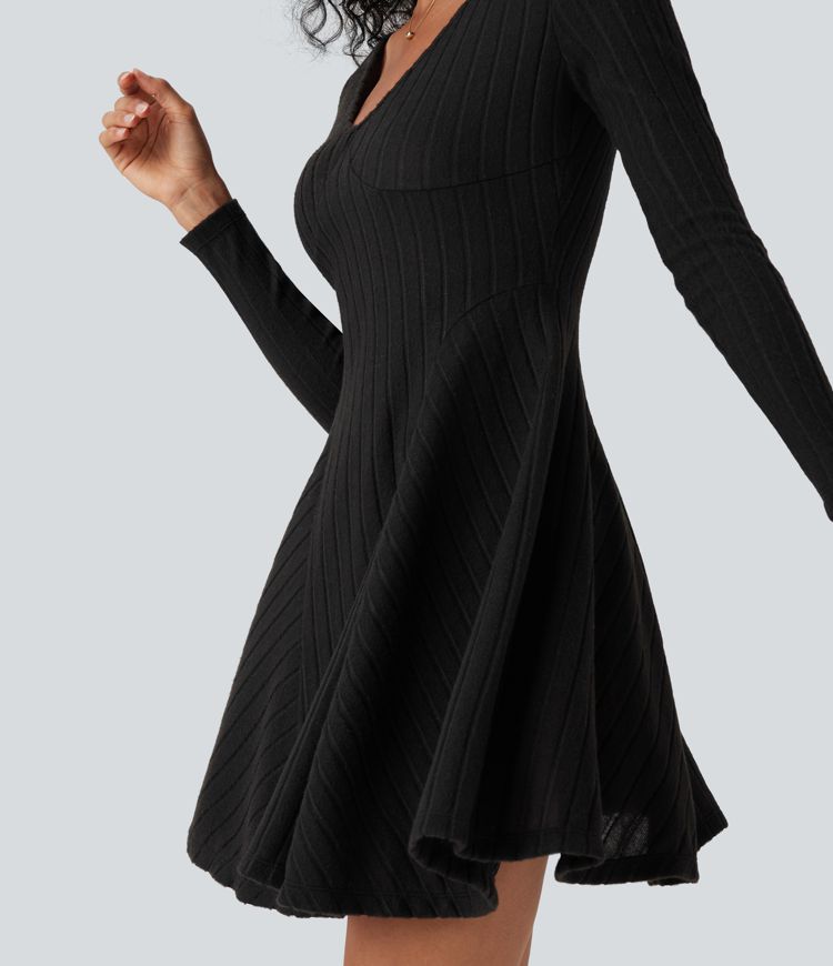 Ribbed Knit V Neck Long Sleeve Flare Mini Casual Dress