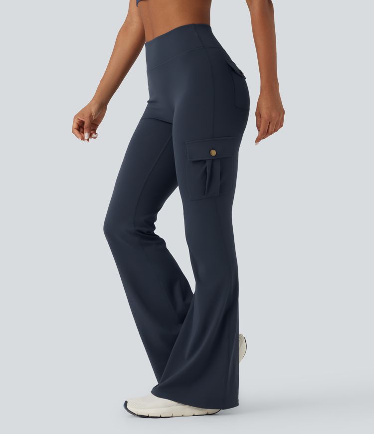 SoCinched High Waisted Tummy Control Ruched Workout Flare Pants with Pockets