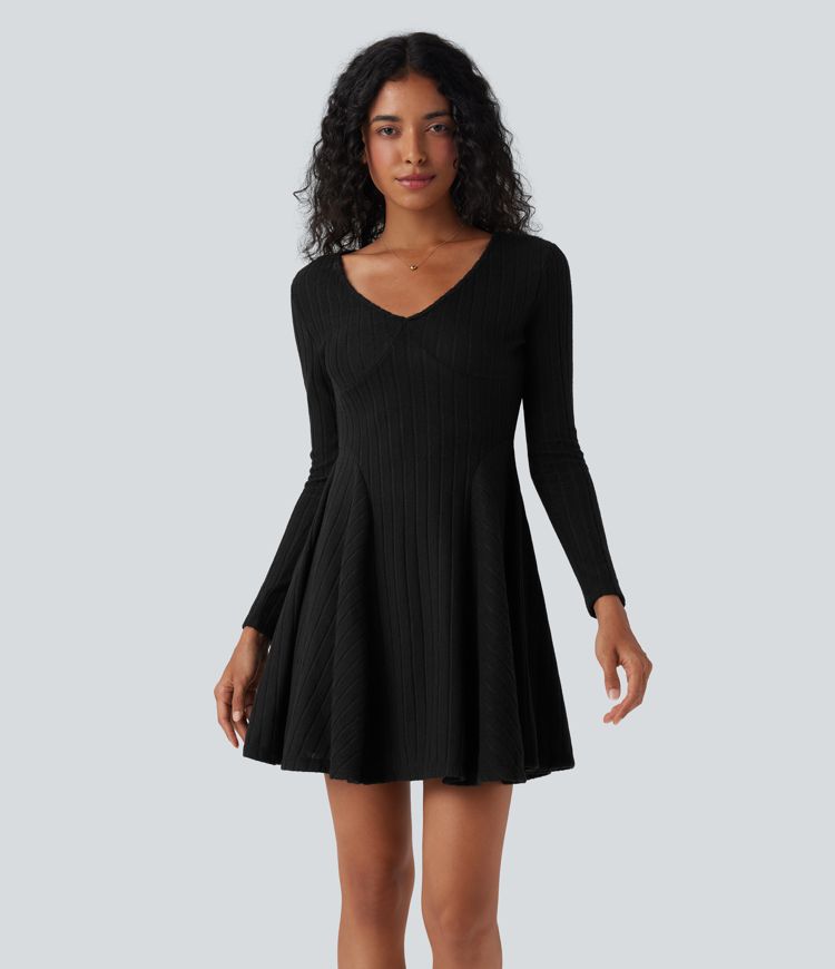 Ribbed Knit V Neck Long Sleeve Flare Mini Casual Dress