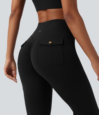 DayStretch High Waisted Tummy Control Ruched Workout Flare Pants with Pockets