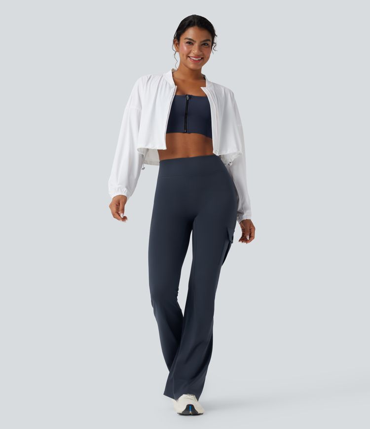 High Waisted Tummy Control Ruched Workout Flare Pants with Pockets