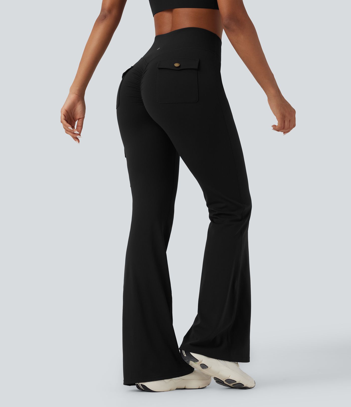DayStretch High Waisted Tummy Control Ruched Workout Flare Pants with Pockets