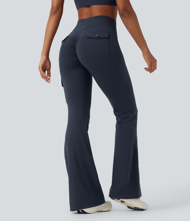 Midnight Blue Pantalones acampanados de entrenamiento con tiro alto y control de abdomen con fruncidos y bolsillos / 1