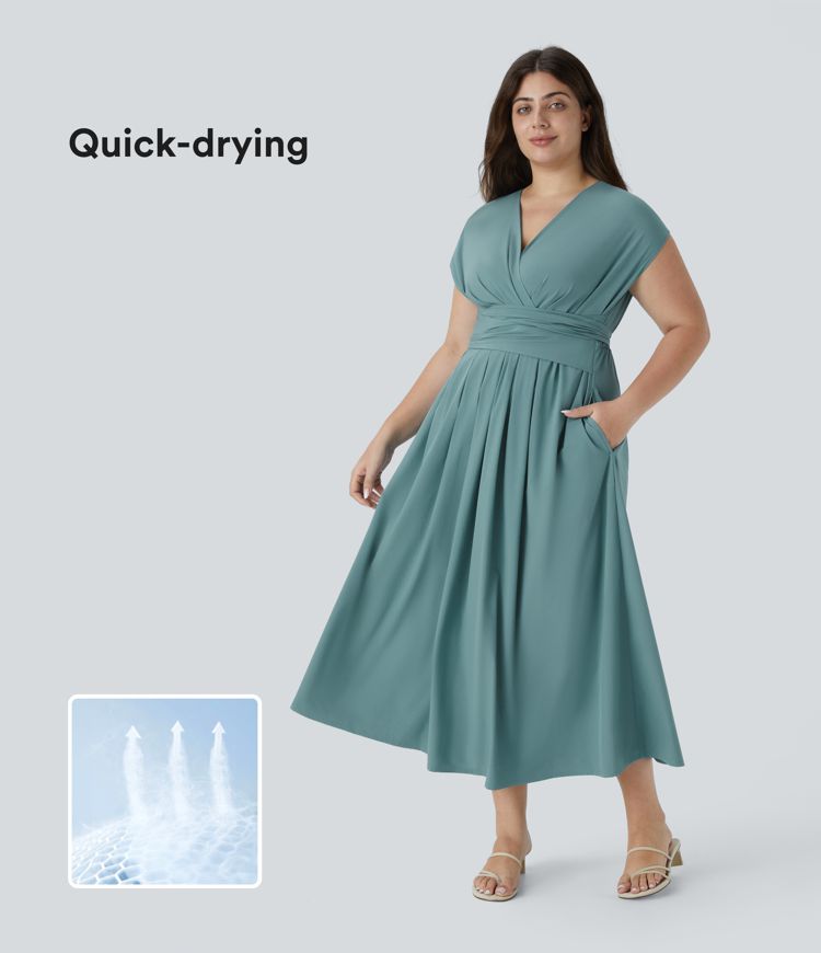 Breezeful™ V Neck Short Sleeve Side Pocket Tie Back Quick Dry Midi Casual Plus Size Dress