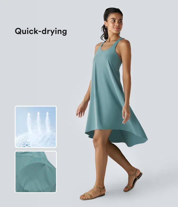 Breezeful™ Backless Racerback Side Pocket High Low Flowy Midi Quick Dry Casual Dress