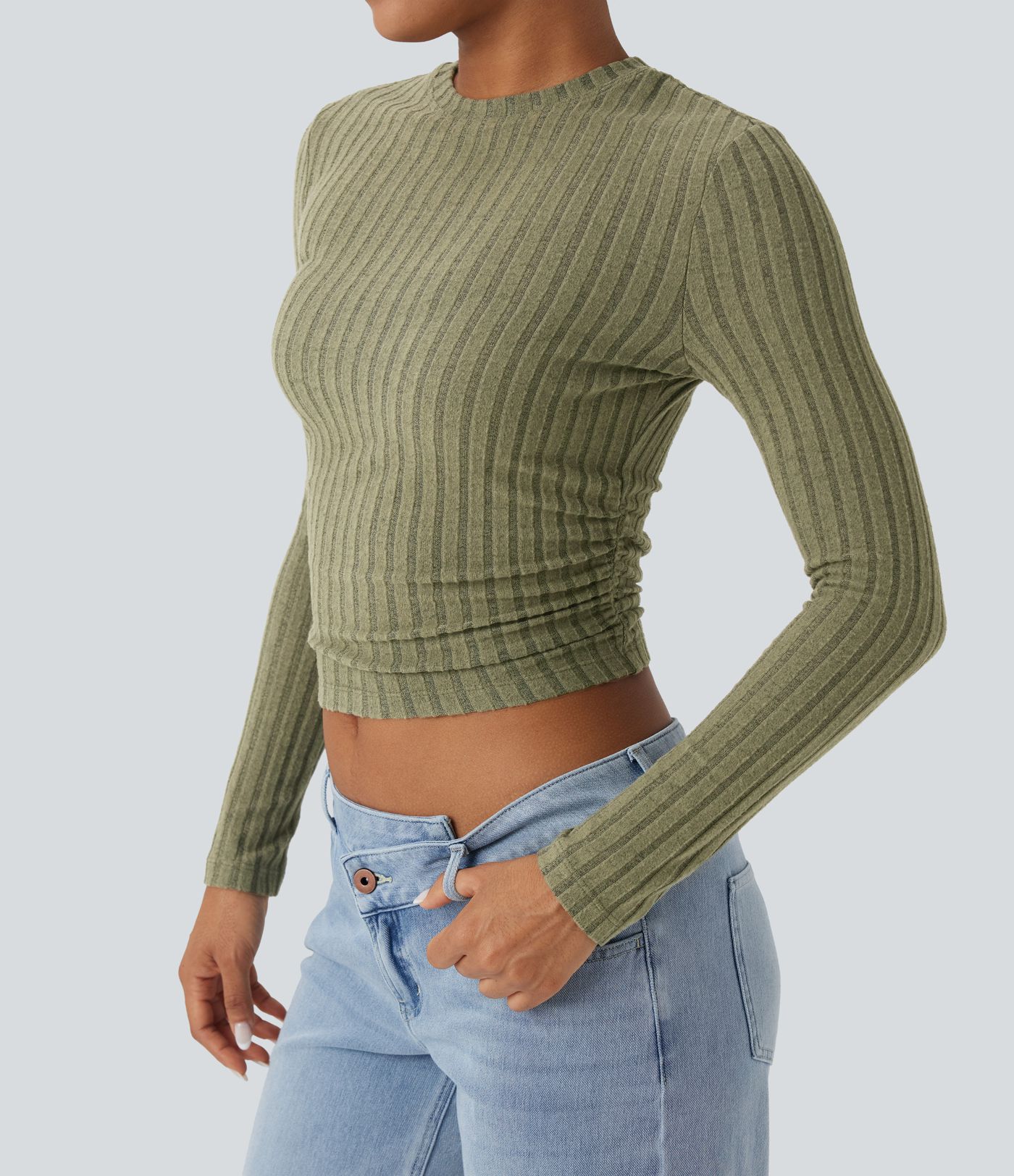 Ribbed Knit Long Sleeve Cropped Capri Fleece Casual Top