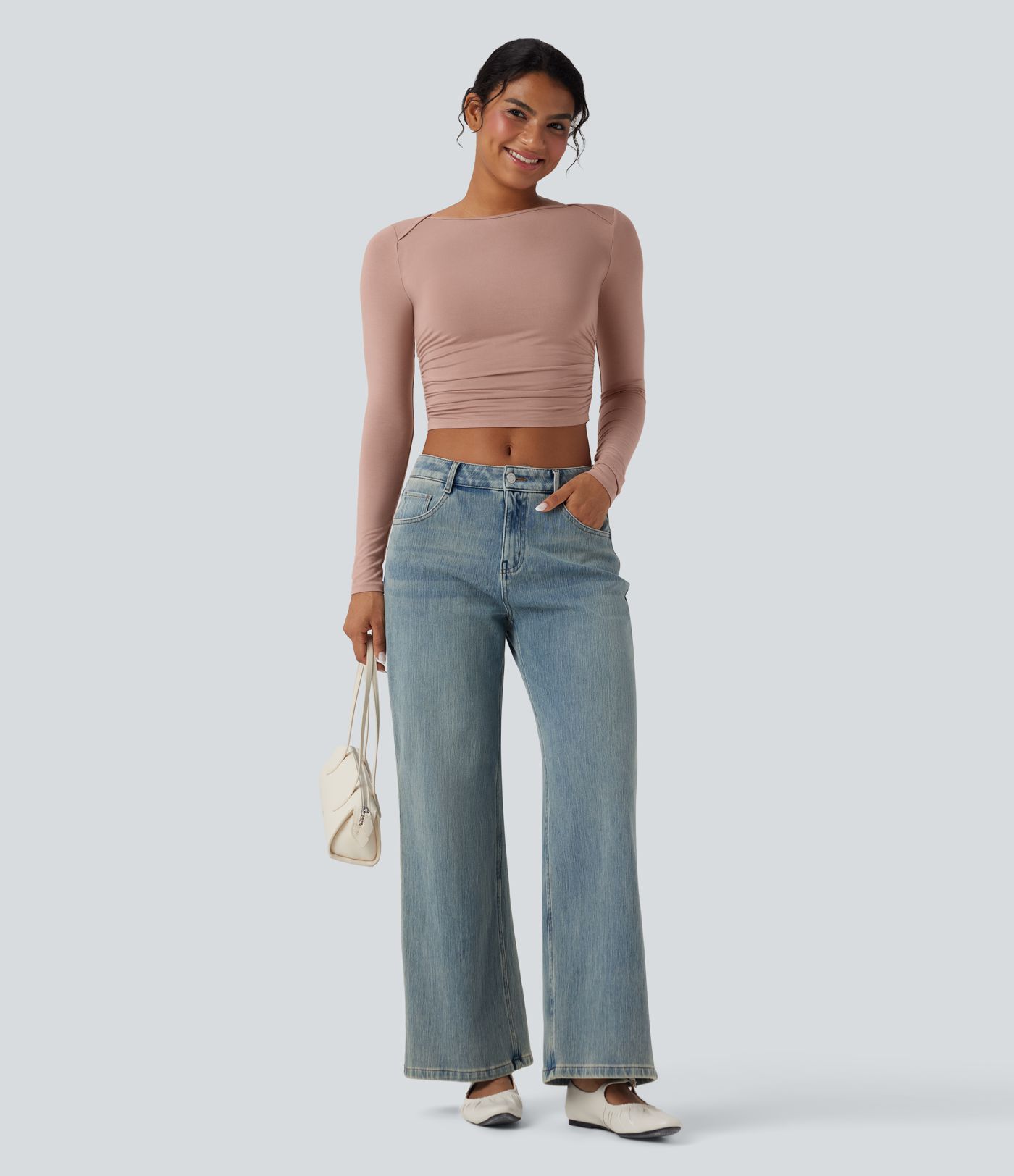 Boat Neck Long Sleeve Ruched Cropped Capri Casual Top