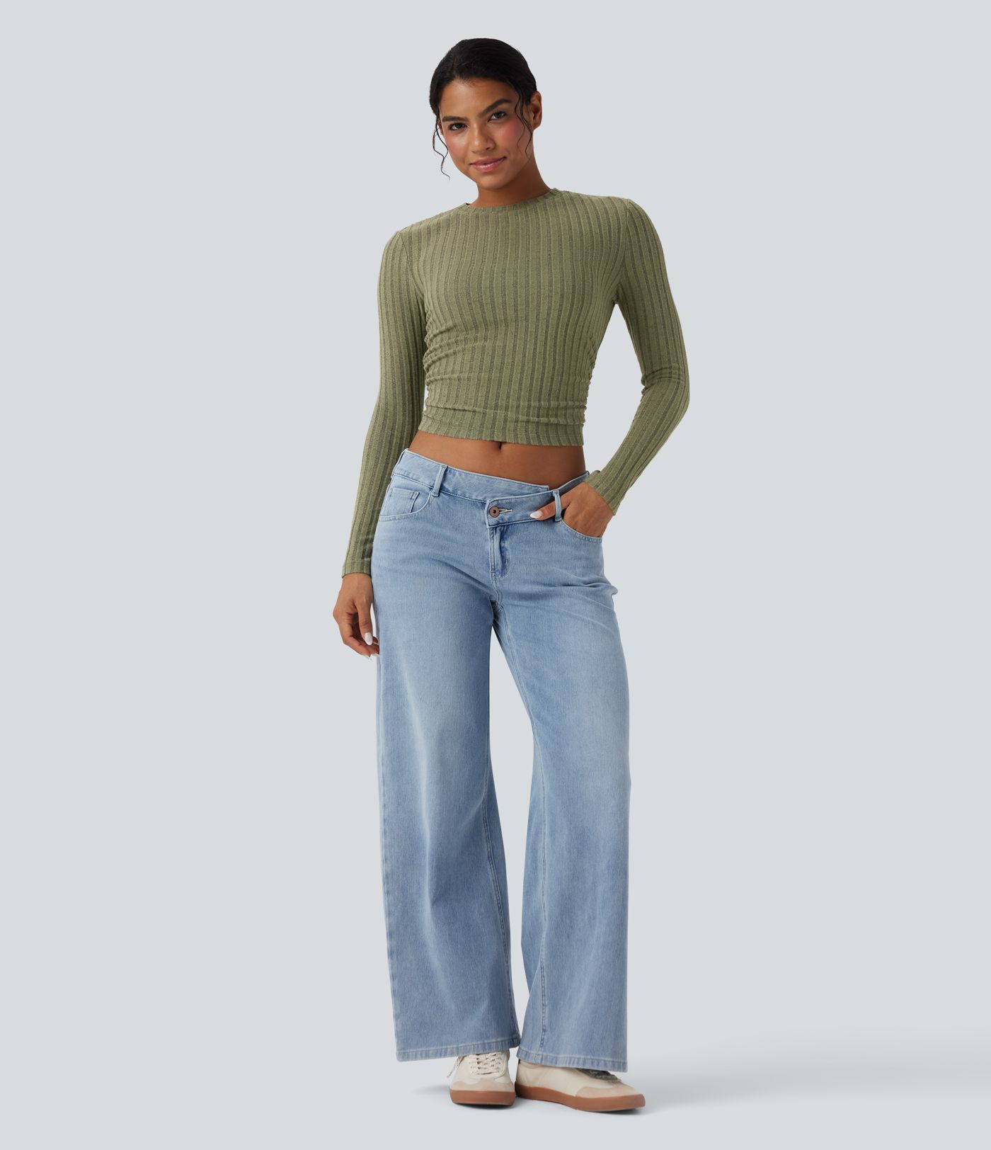 Ribbed Knit Long Sleeve Cropped Capri Fleece Casual Top
