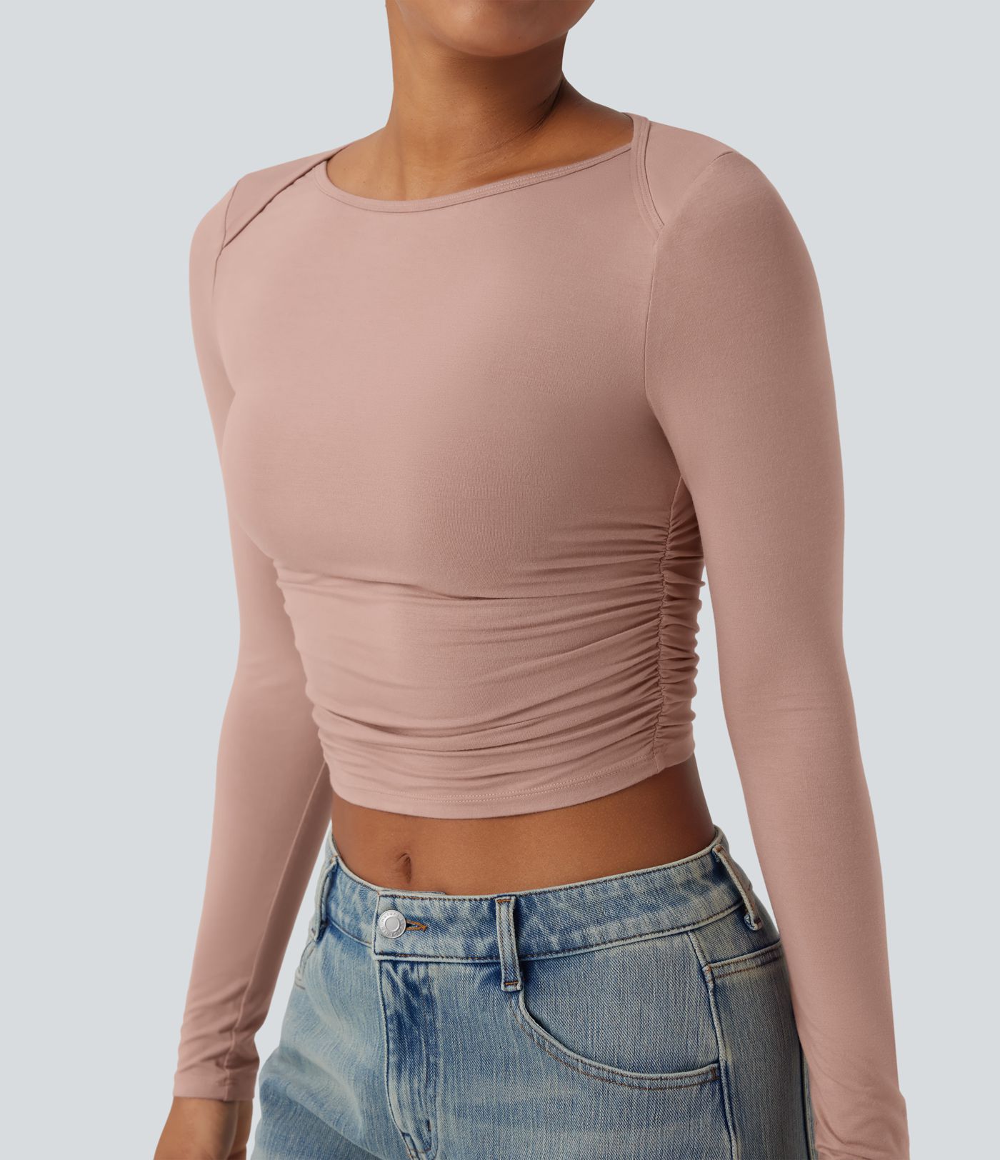 Boat Neck Long Sleeve Ruched Cropped Capri Casual Top