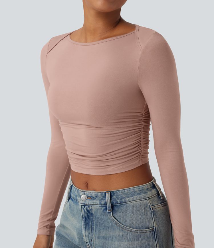 Boat Neck Long Sleeve Ruched Cropped Casual Top