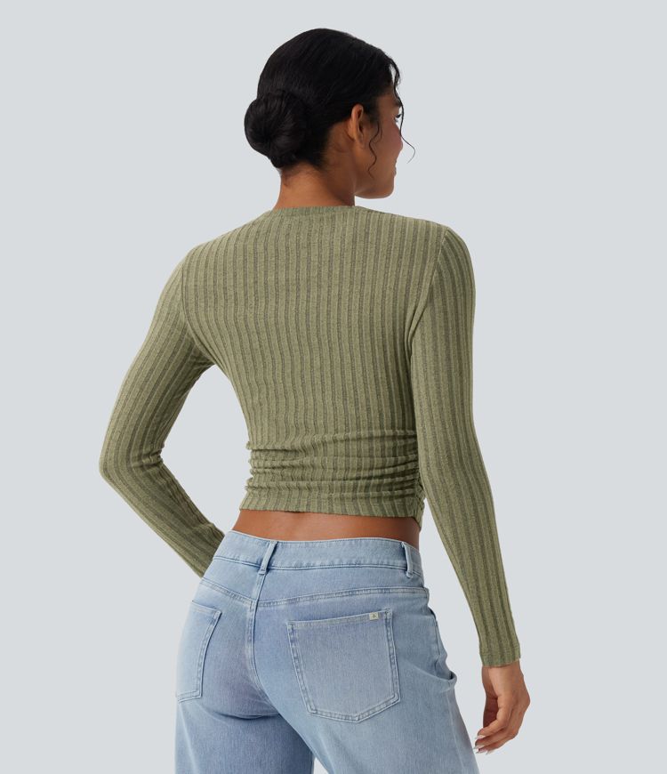 Ribbed Knit Long Sleeve Cropped Capri Fleece Casual Top