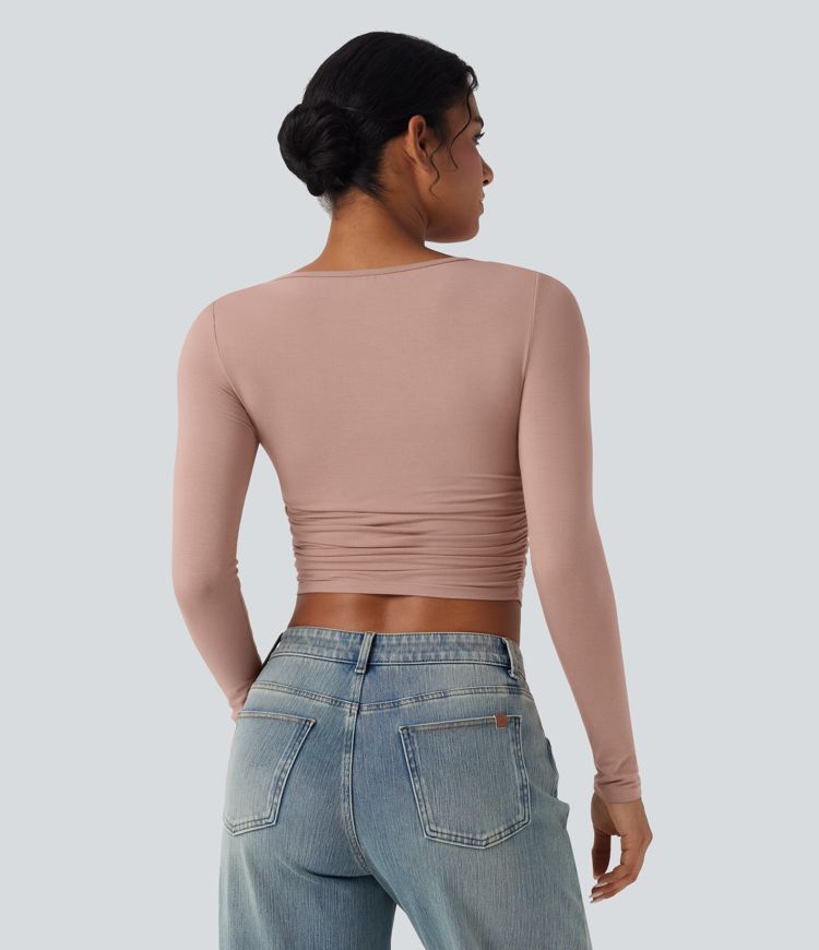 Boat Neck Long Sleeve Ruched Cropped Casual Top